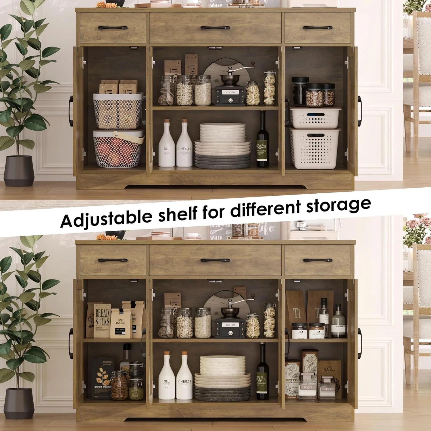 HOSTACK Buffet Cabinet with Drawers, 55 Large Sideboard Buffet Storage Cabinet with Shelves and Doors, Modern Farmhouse Coffee Bar Station Wood Kitchen Table for Kitchen, Dining Room, White/Rustic