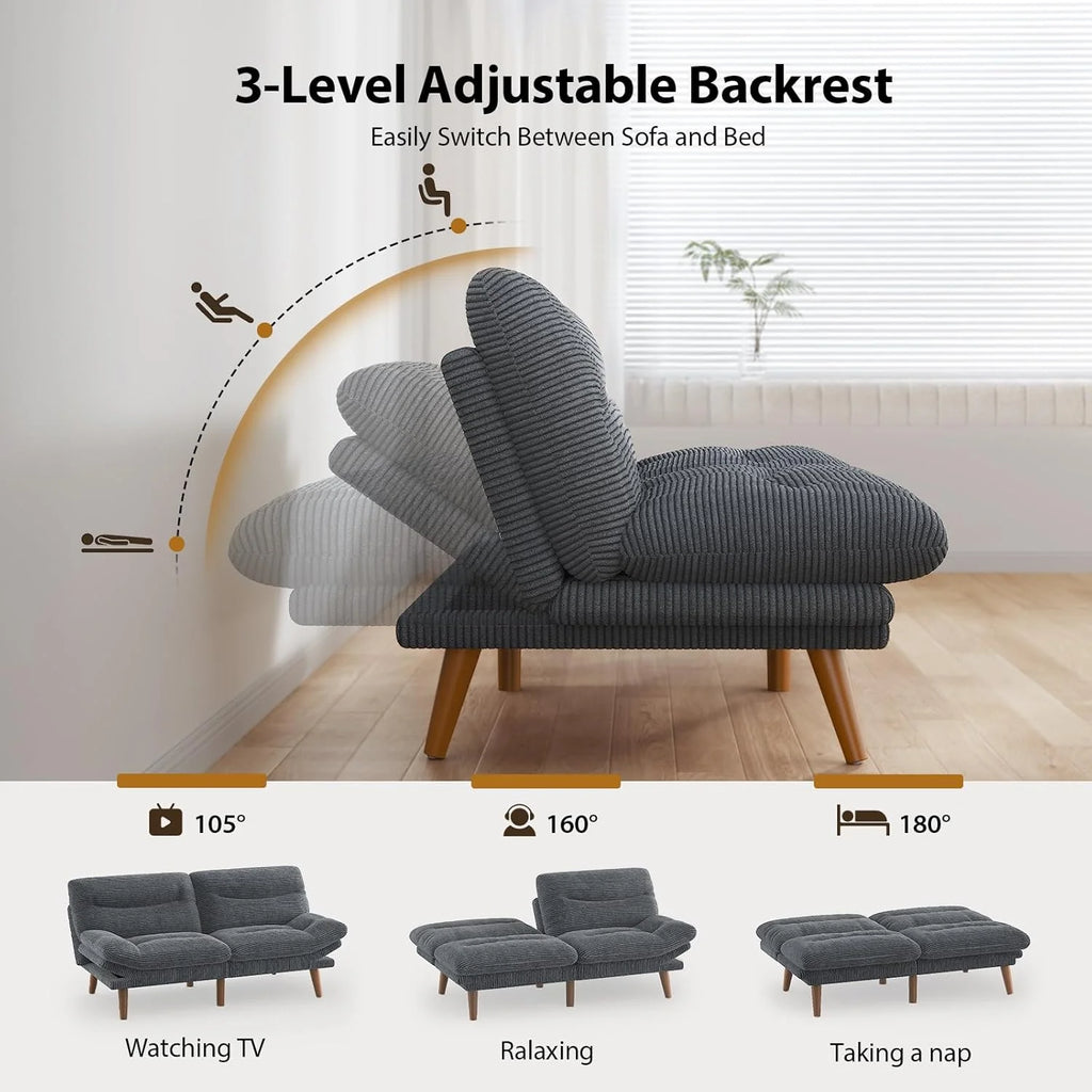 Pipishell Convertible Futon Sofa Bed,66 Corduroy Futon Couch with Adjustable Backrest and Armrests, Recliner Sleeper Sofa for Small Spaces, Play Room or Office, Grey