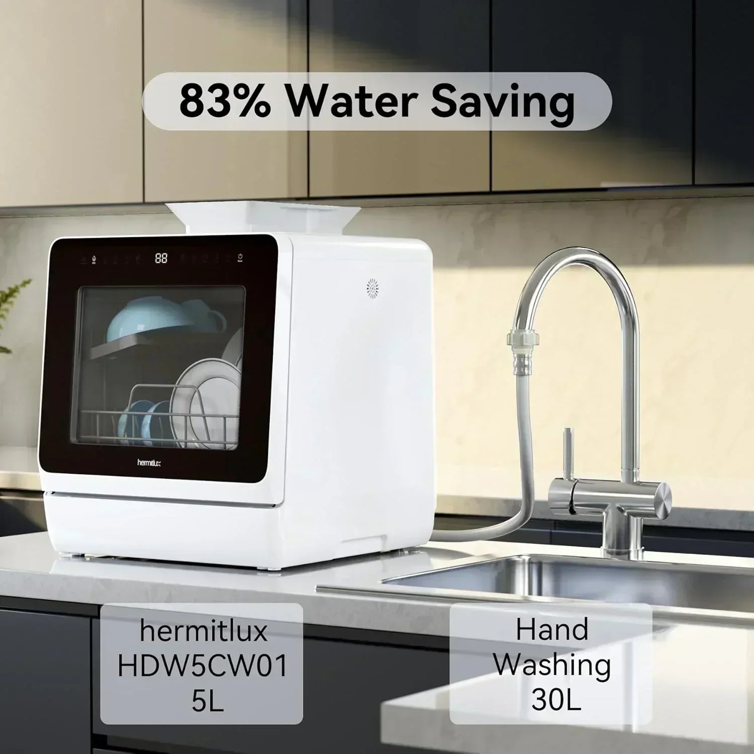 Hermitlux tabletop dishwasher 7 wash programs portable mini dishwasher