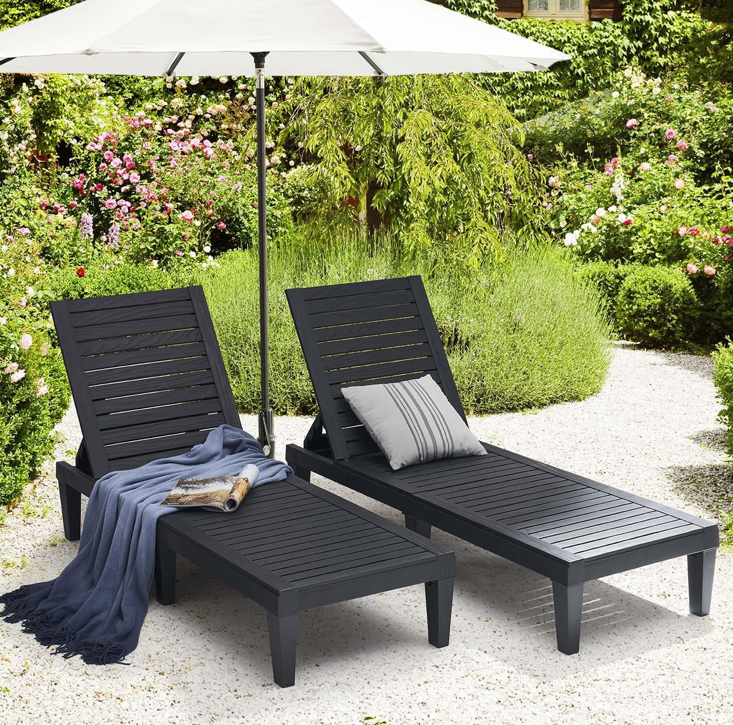 Patio Chairs - Black Chaise Lounge Chair Outdoor 5-Position Adjustable Sun Tanning Chair Waterproof Pool Lounge Chairs Set of 2 Reclining Lawn Chair, Lightweight Outdoor Lounge Chairs