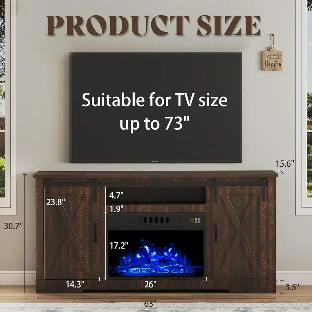 AMERLIFE Fireplace TV Stand with Sliding Barn Door  Farmhouse 63 Fireplace Entertainment Center