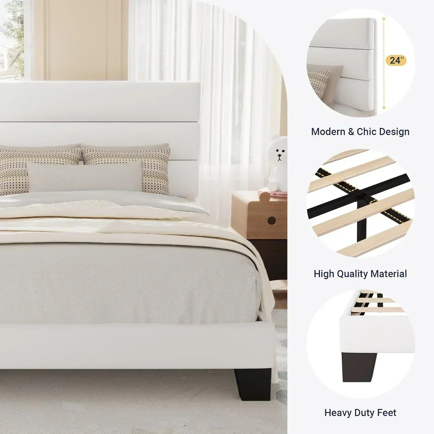Allewie King size platform bed frame with velvet upholstered headboard and planks