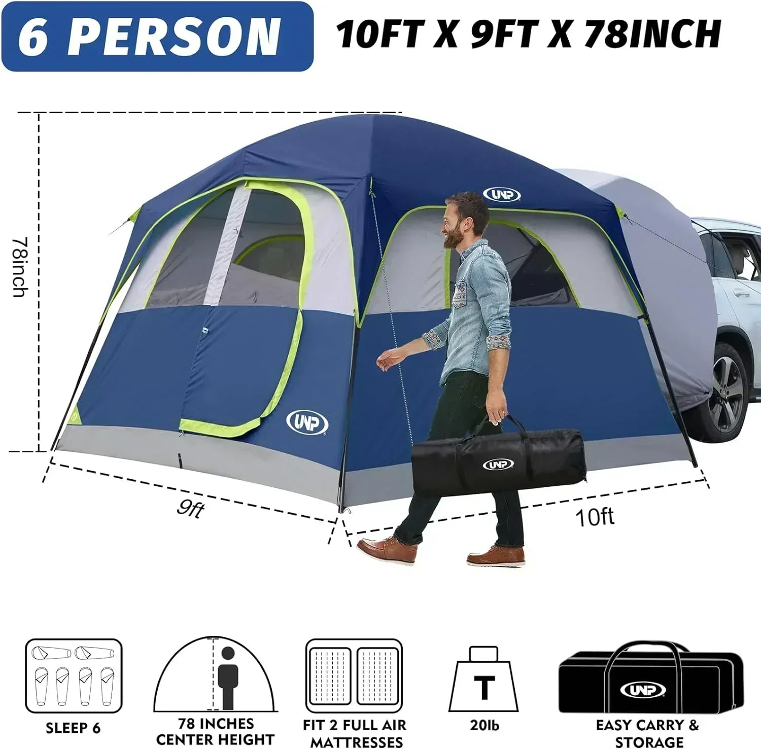 SUV Tent for Camping 6-Person SUV Tailgate Tent Easy Set Up with Rainfly 10'x9'x78in