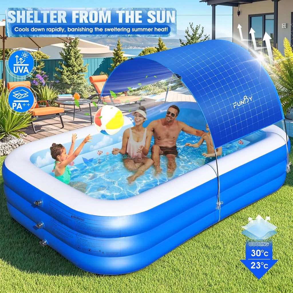 Inflatable Pool with Canopy,Upgraded Inflatable Swimming Pool for Kids,Adult,Large Inflatable Blow up Pools,Ocean Theme Oversized Thickened 105x75x25Inflatable Family Pools for Backyard-Blue