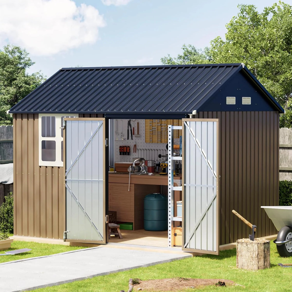 Breezz 8X10FT Outdoor Steel Storage Shed Lockable Doors Weather-Resistant Metal Tool Shed