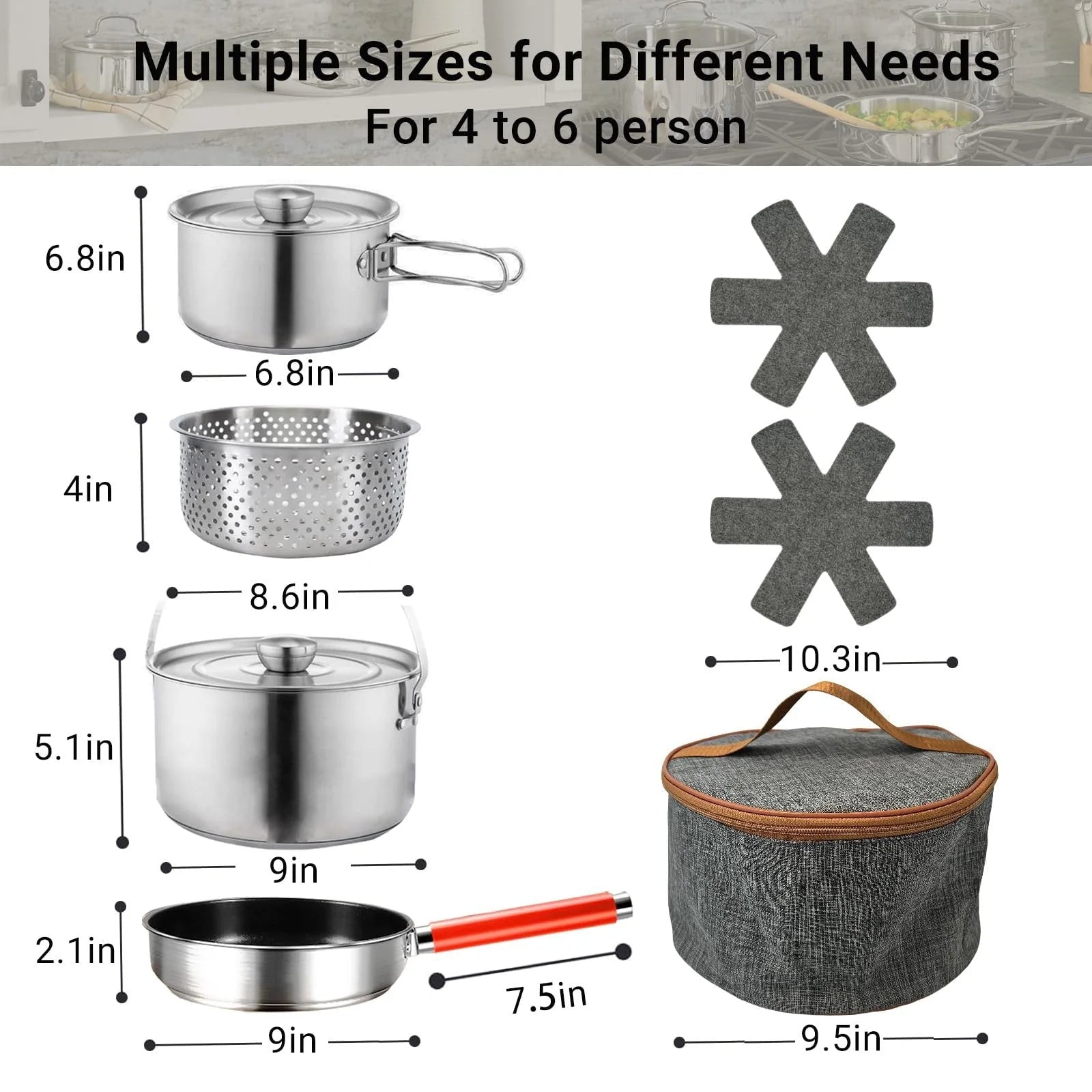 5 Piece Stainless Steel Camping Cookware Set with Colander and Travel Bag for 4 to 6 People