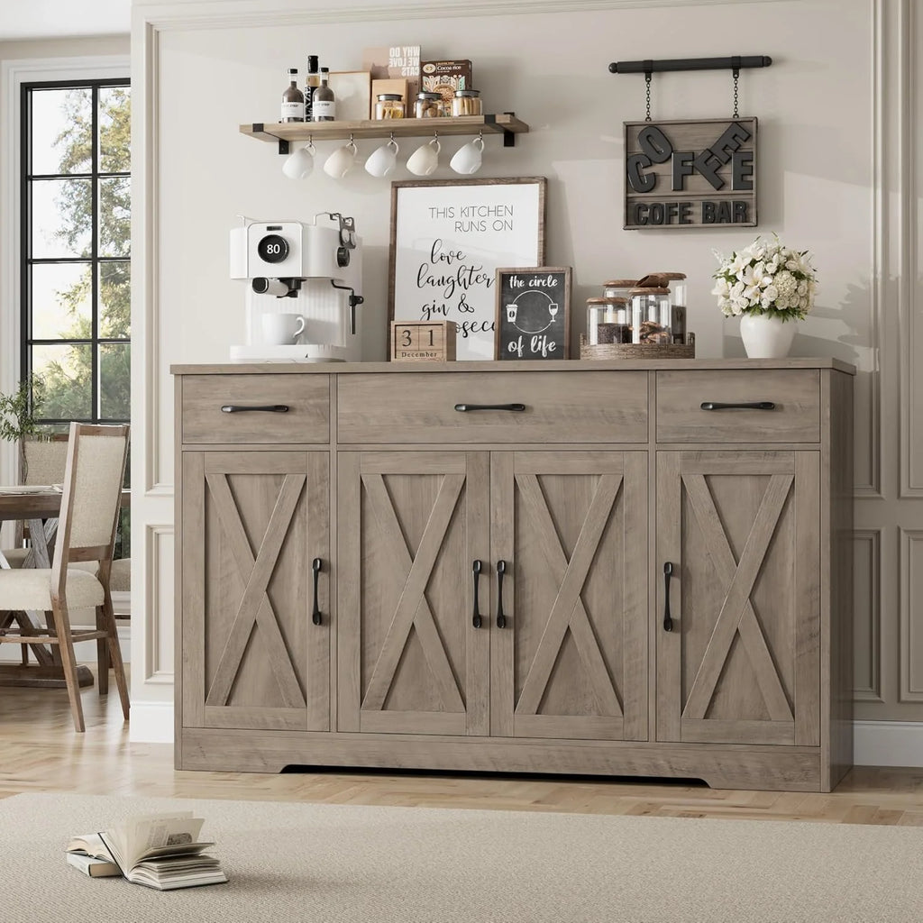 HOSTACK Buffet Cabinet with Drawers, 55 Large Sideboard Buffet Storage Cabinet with Shelves and Doors, Modern Farmhouse Coffee Bar Station Wood Kitchen Table for Kitchen, Dining Room, White/Rustic