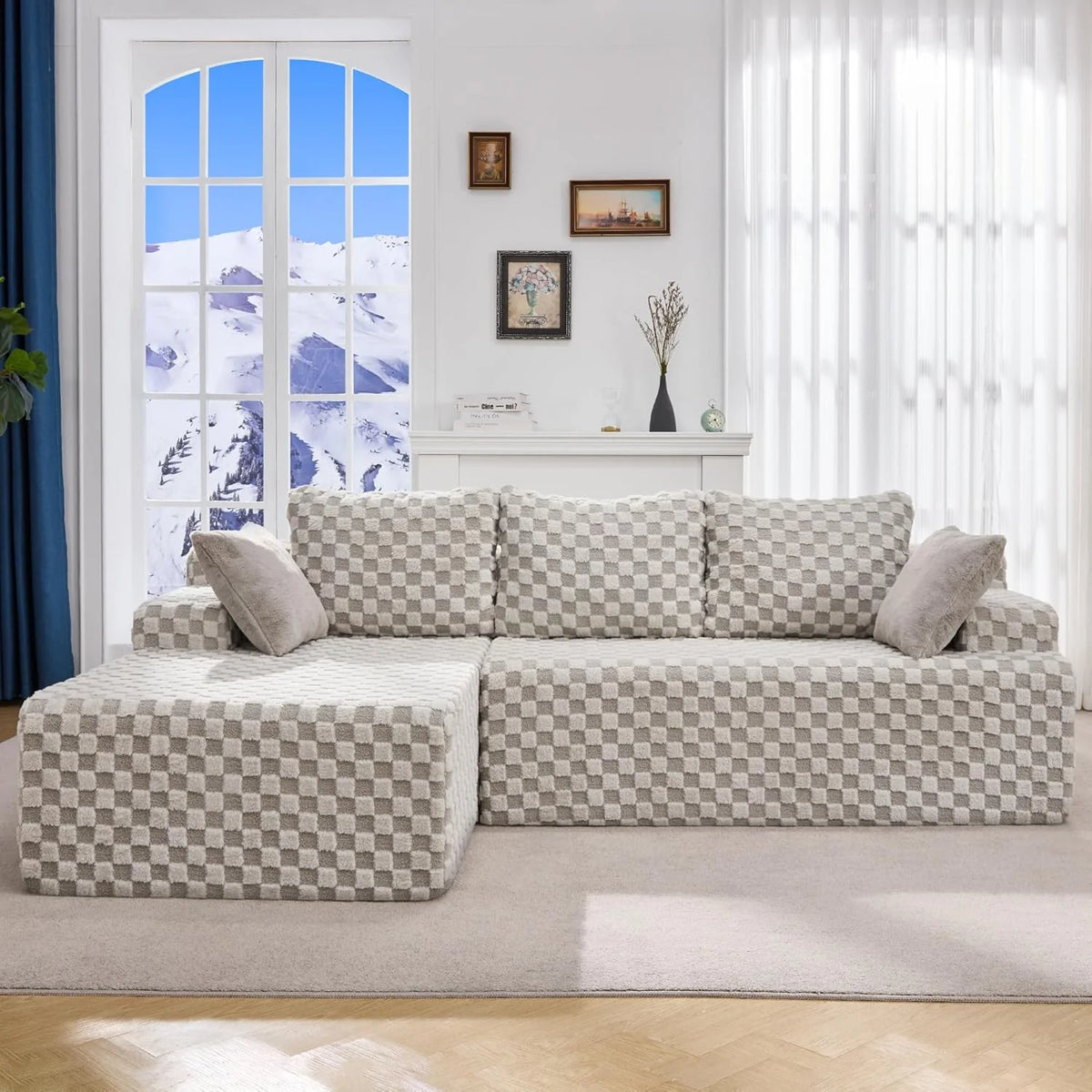 Modular Sectional Sofa Couches L-Shape Couch 3 Seat Modular Sofa Memory Foam Sectional Couches for Living Room, Cloud Couch with Oversized Chaise (Grey Stripe, 96 Left Facing Chaise)