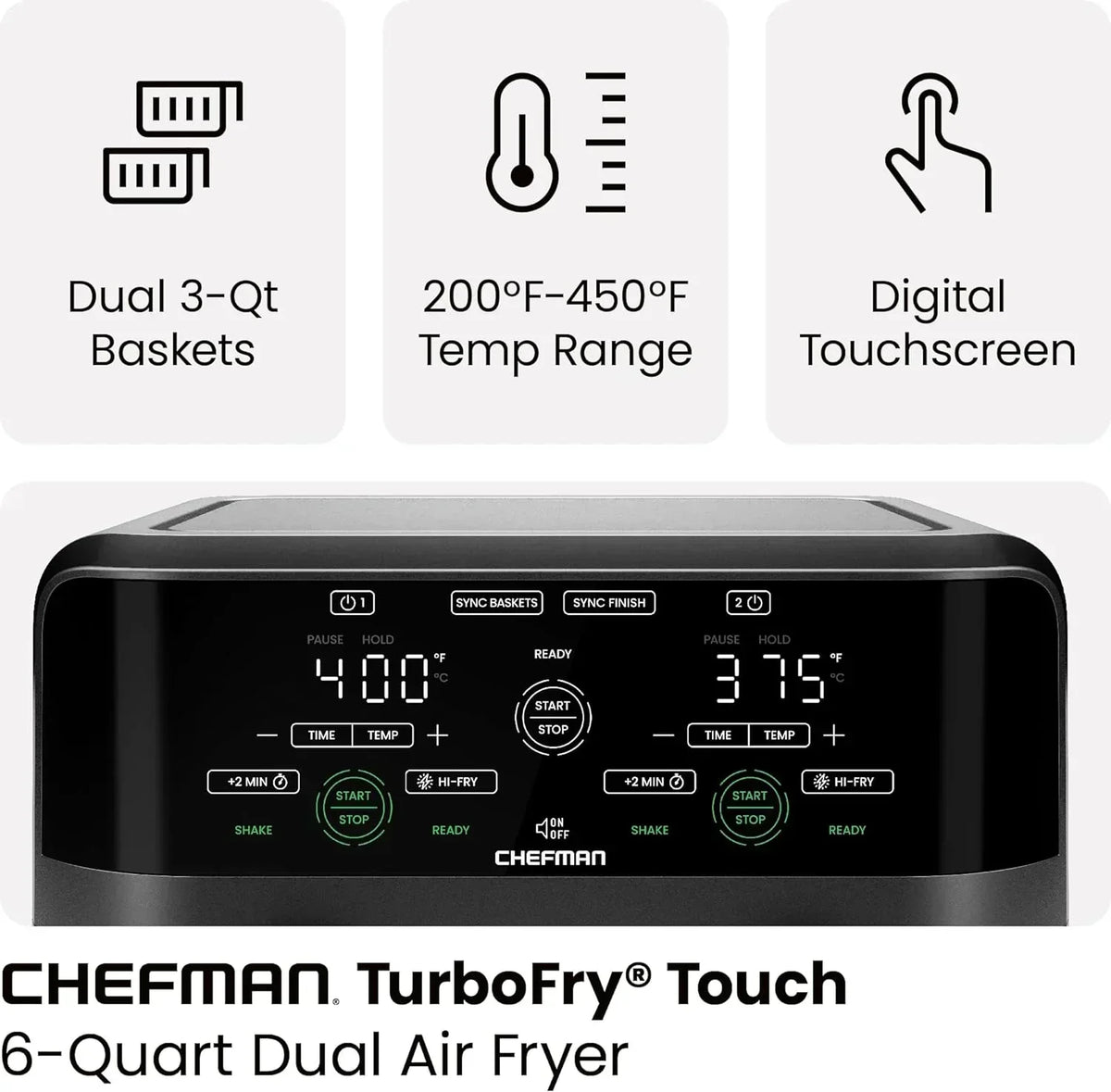 Chefman 6-Quart Dual Basket Air Fryer Digital Touchscreen Smart Sync Finish High-Frying
