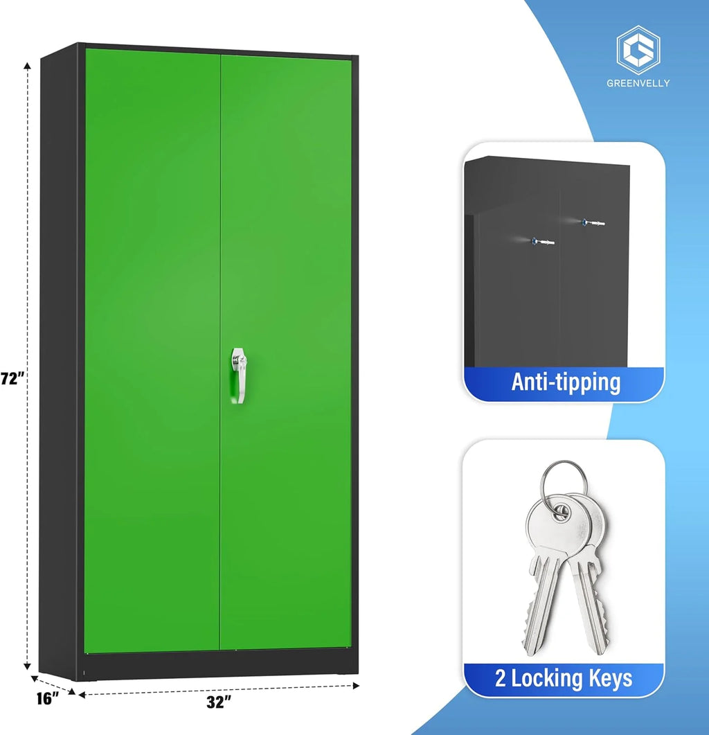 Greenvelly Metal Storage Cabinet, 72 Black Locking Metal Cabinet with 2 Doors and 4 Adjustable Shelves, Lockable Garage Storage Cabinets for Home Office, Garage, Kitchen, Living Room
