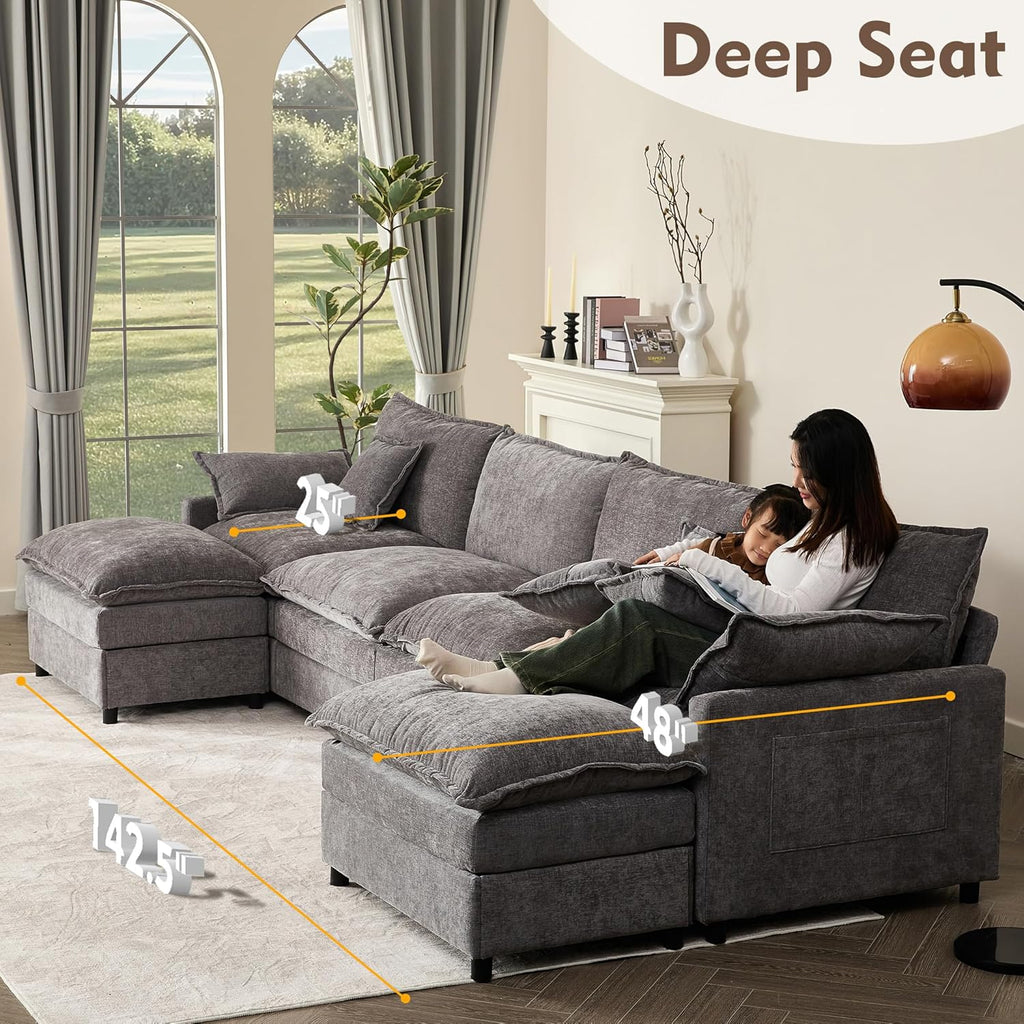 108 Inch U Shape Sofa Sectional Sofa Comfortable Cloud Sofa with Removable Footstool