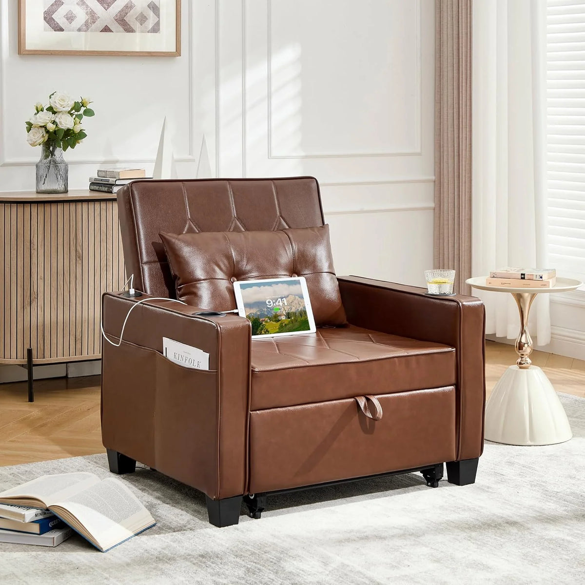 Adult Convertible Sleeper Chair Bed, 3-in-1 Pull-Out Sofa Bed with USB/Type-C Ports, Cup Holders, Side Pockets, Single Sofa
