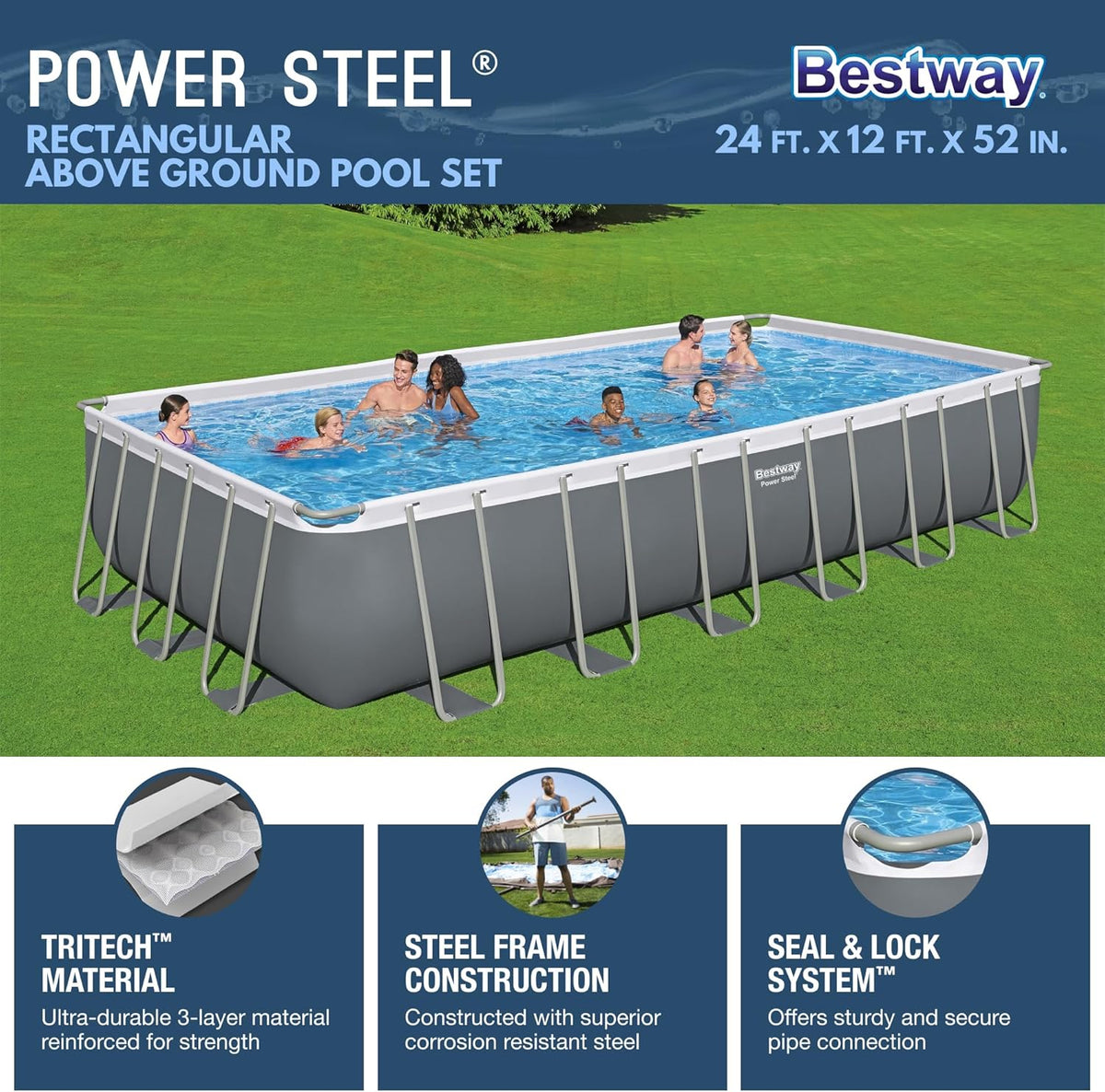 Power Steel 14' x 8'2 x 39.5 Oval Above Ground Pool Set | Includes 530gal Filter Pump, Ladder, ChemConnect Dispener