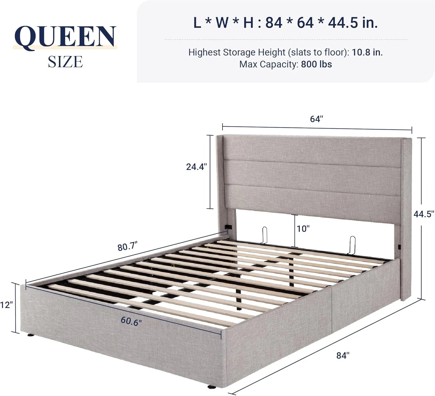 Allewie Queen Size Lift Up Storage Bed Modern Wingback Headboard Hydraulic Support