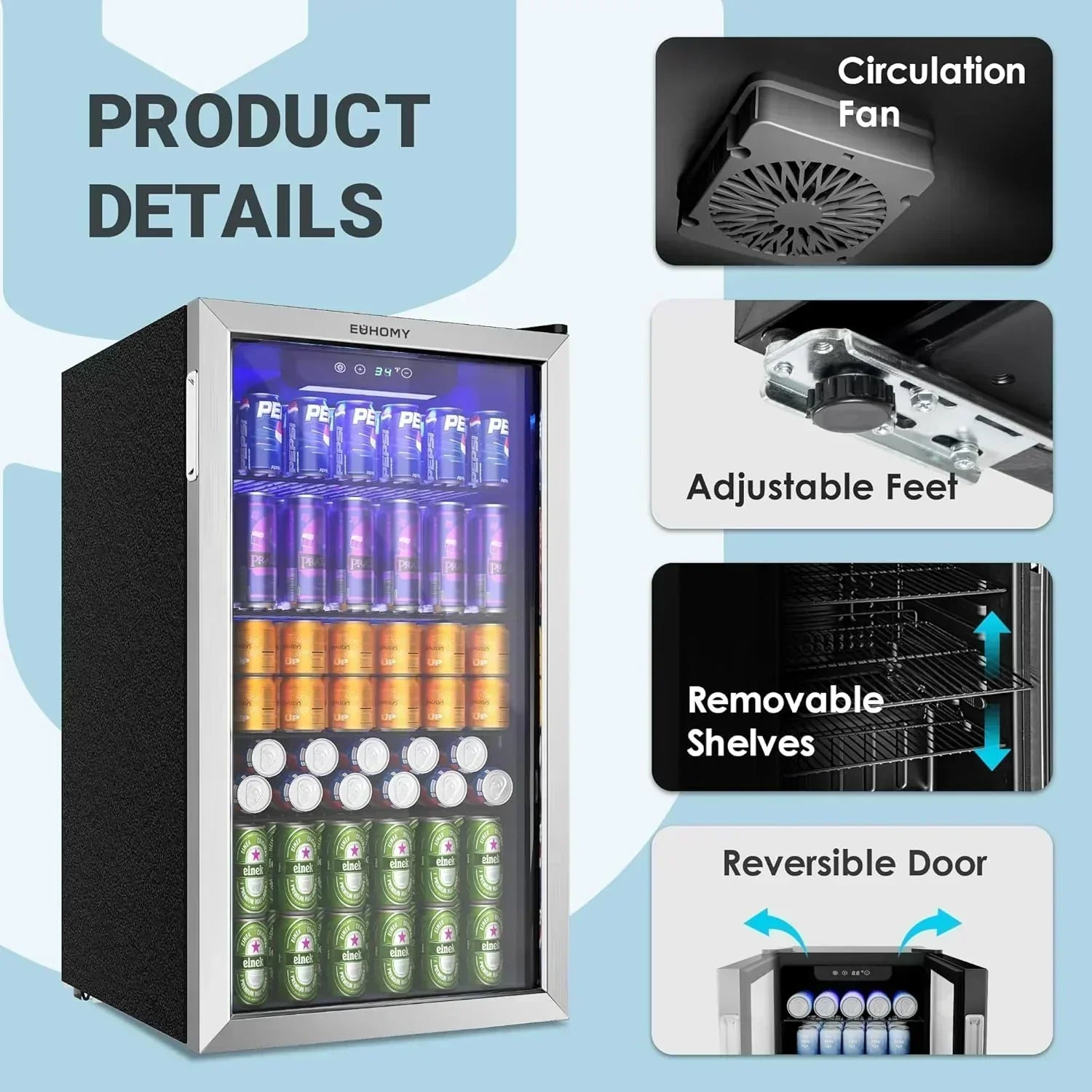 EUHOMY Beverage Refrigerator Cooler 130 Can Mini Fridge with Glass Door Beverage Cooler