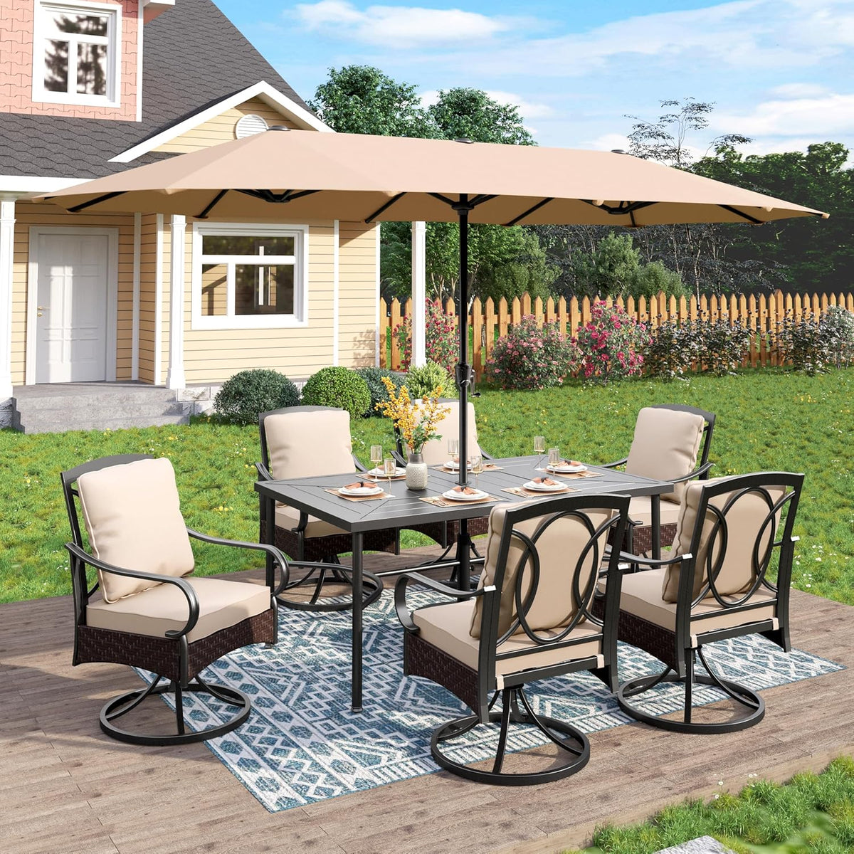 PHI VILLA 6-Piece Outdoor Dining Sets, All-Weather Patio Table and Chairs Set with Umbrella for 4, Heavy Duty Patio Round Table Set for Deck, 4 Extra Large Outdoor Swivel Chairs with Thick Cushions