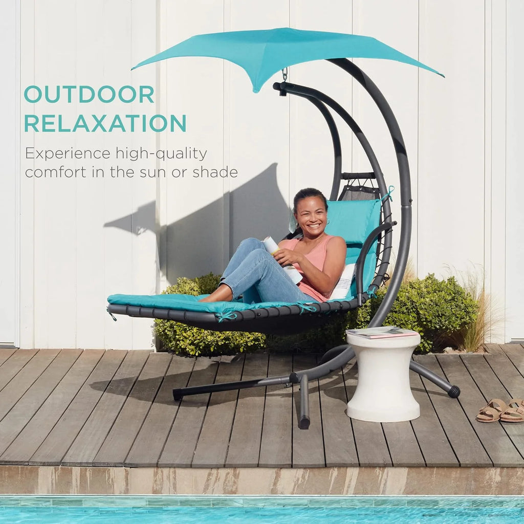 Best Choice Products Outdoor Hanging Curved Steel Chaise Lounge Chair Swing w/Built-in Pillow and Removable Canopy - Charcoal Gray