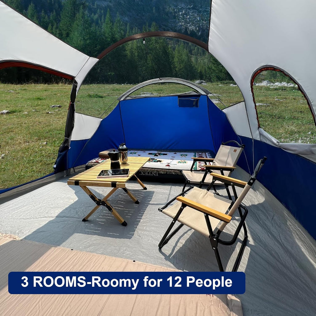CAMPROS CP Tent 12-Person-Camping-Tents,3 Room Family Tents,Waterproof Windproof Family Tent with Top Rainfly,6 Large Mesh Windows,Double Layer,Easy Set Up, Portable with Carry Bag-20' x 9' x 72(H)