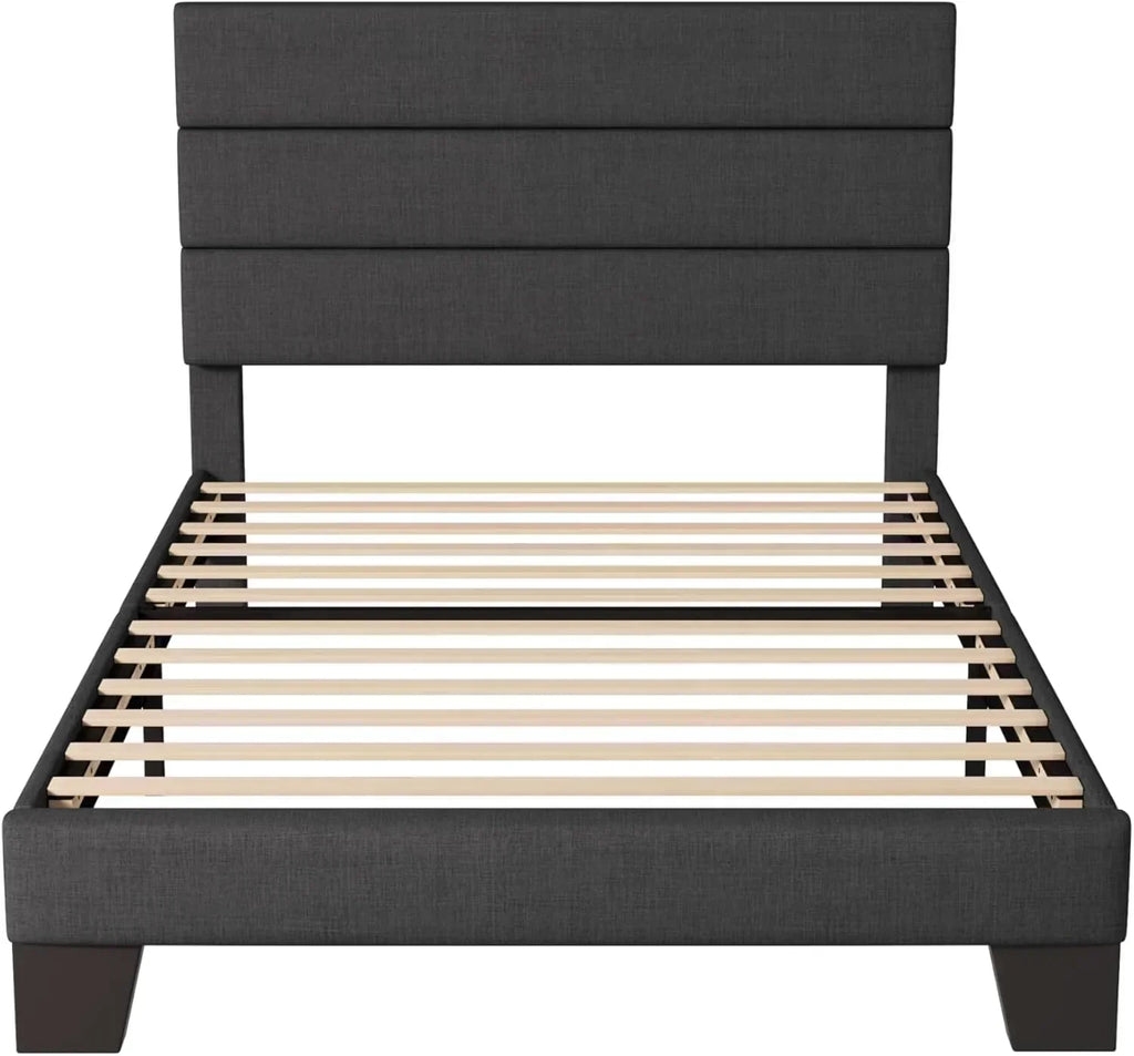 Allewie King size platform bed frame with velvet upholstered headboard and planks