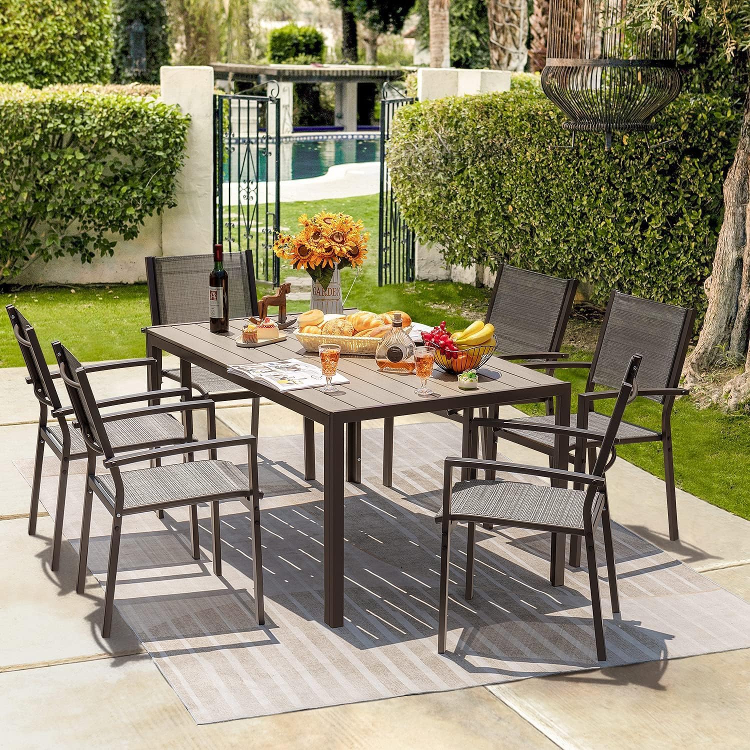 Homall Patio Dining Set 7 Pieces Outdoor Furniture Table and 6 Textilene Chairs Light Grey