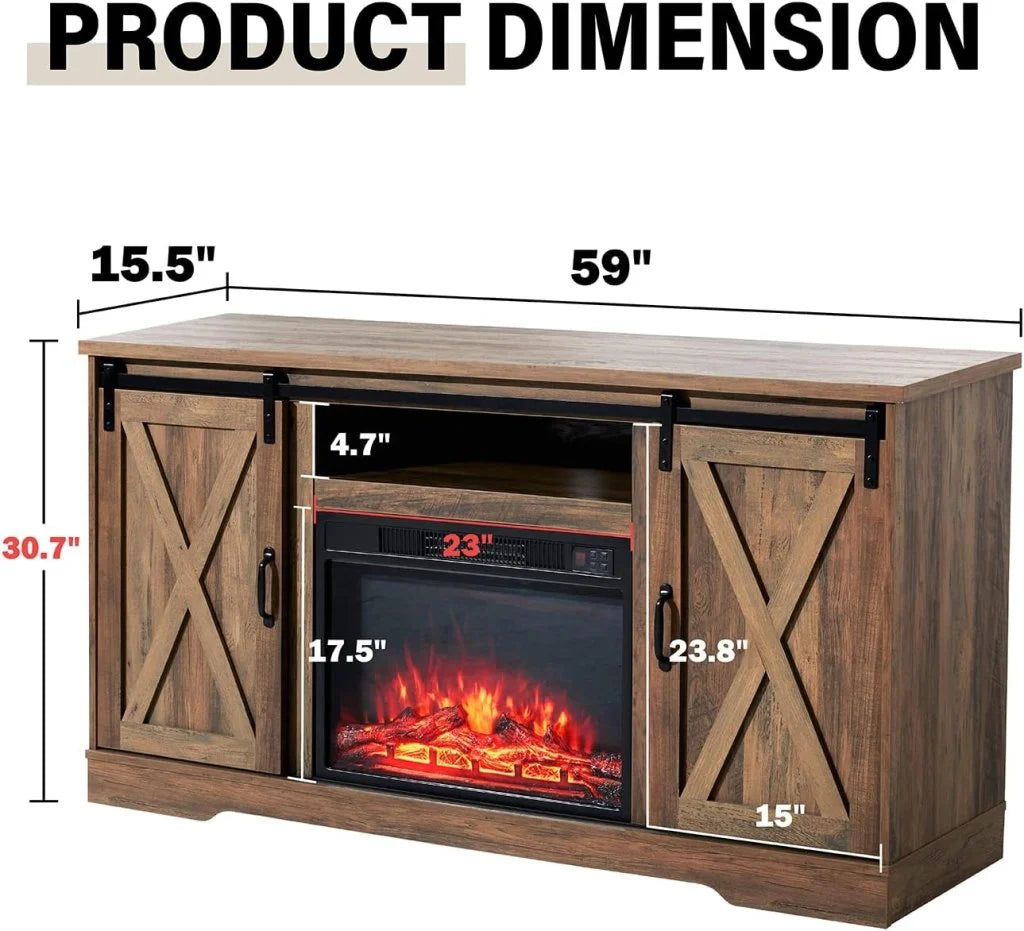 AMERLIFE Fireplace TV Stand with Sliding Barn Door for TVs up to 73, Farmhouse 63 Fireplace Entertainment Center with Storage Cabinets/Adjustable Shelves