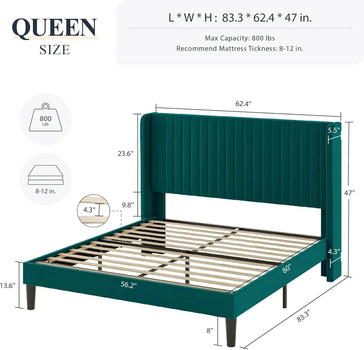 Allewie Full Size Velvet Bed Frame Vertical Channel Tufted Wingback Headboard Upholstered Bed