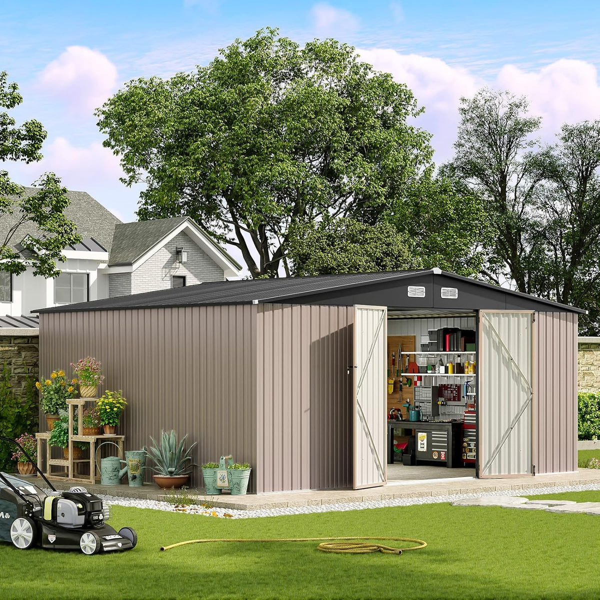 Aoxun 12x10 FT Shed Metal Outdoor Waterproof Storage Shed Steel Utility Garden Tool Shed with Door & Lock Outdoor Storage for Garden Patio Lawn Poolside, Brown