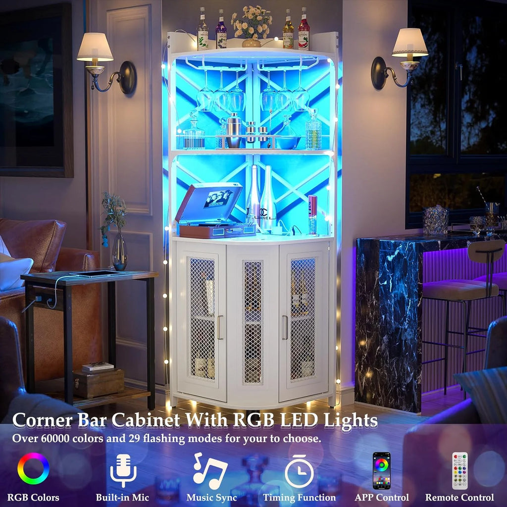 Aheaplus Corner Bar Cabinet with Power Outlet, Industrial Wine Cabinet with LED Strip and Glass Holder, 5-Tiers Liquor Cabinet Bar Unit for Home, Corner Display Cabinet for Small Space, White Oak