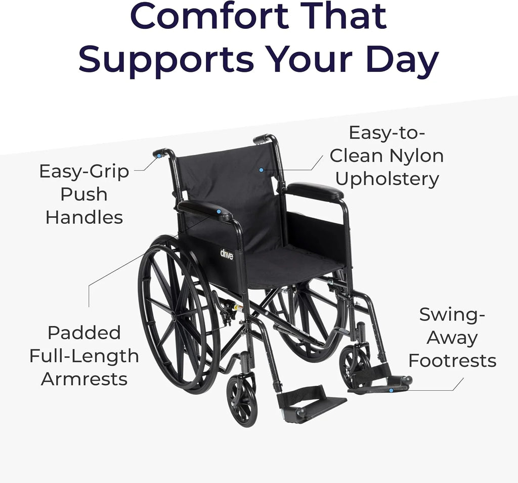 Drive Medical Silver Sport 1 Folding Transport Wheelchair - Lightweight Mobility Support