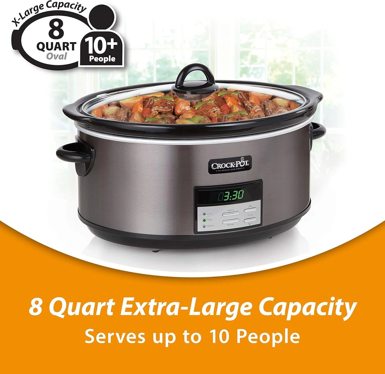 Large 8-Quart Programmable Slow Cooker with Auto Warm Setting Black Stainless Steel