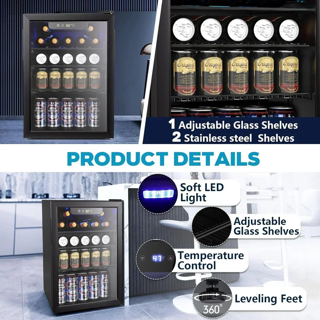 Mini Fridge 130 Can Beverage Refrigerator Cooler Drink Fridge Adjustable Temperature Control
