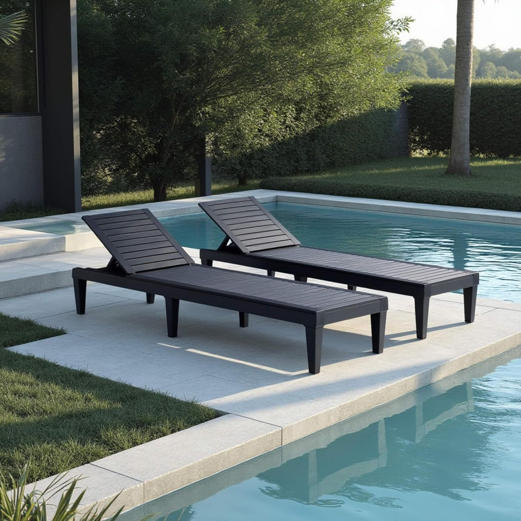Patio Chairs - Black Chaise Lounge Chair Outdoor 5-Position Adjustable Sun Tanning Chair Waterproof Pool Lounge Chairs Set of 2 Reclining Lawn Chair, Lightweight Outdoor Lounge Chairs