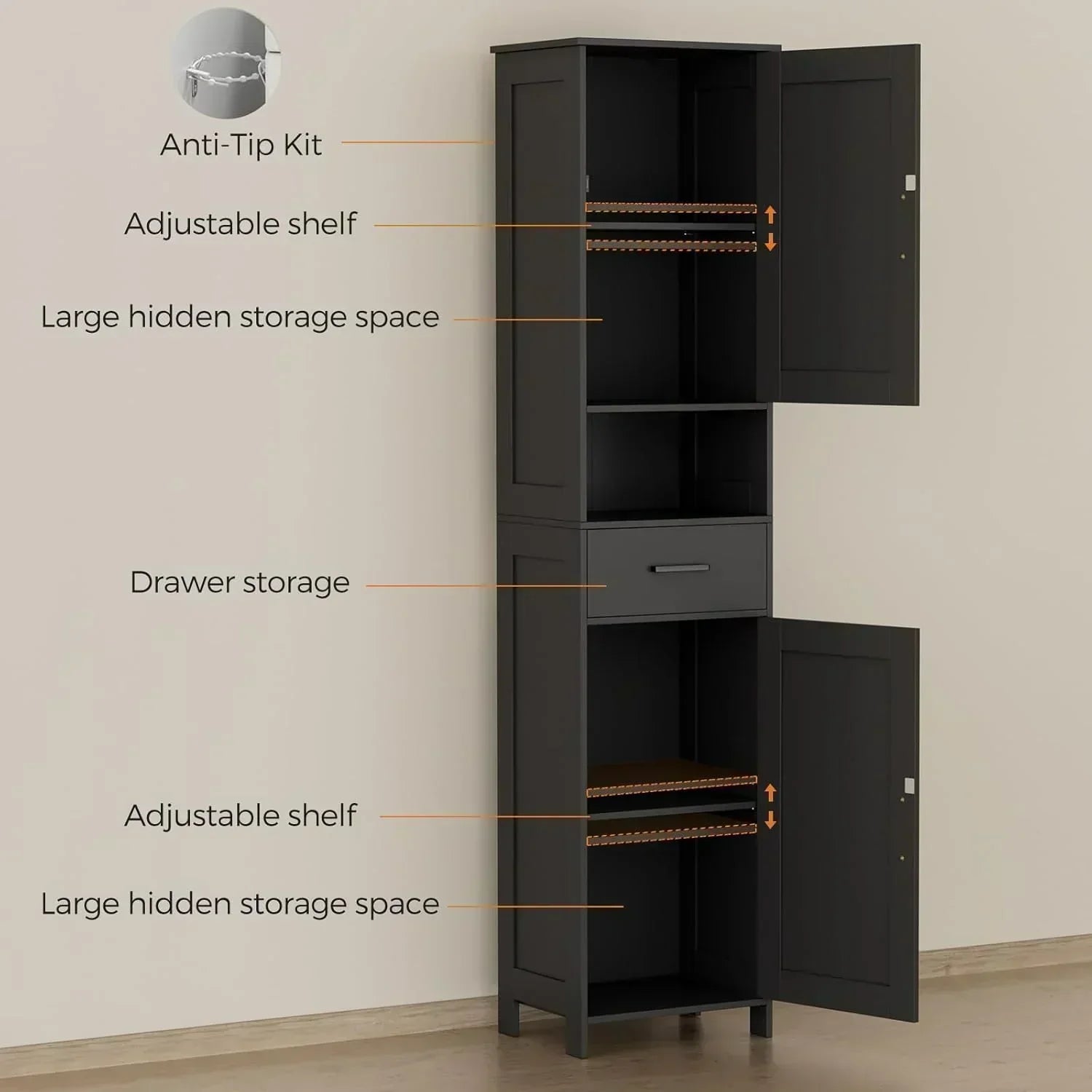 Homhedy 67 H Tall Bathroom Storage Cabinet with 2 Barn Doors and 1 Drawer Narrow Storage Unit