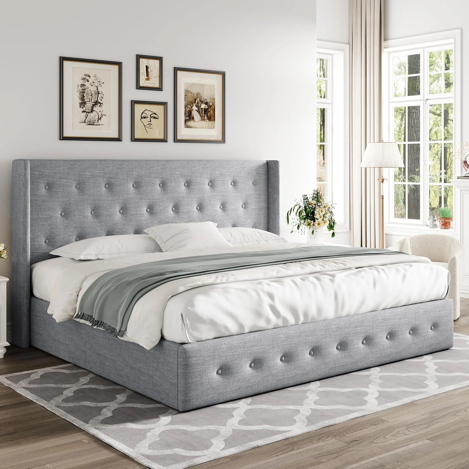 Allewie Queen Size Lift Up Storage Bed Modern Wingback Headboard Hydraulic Support