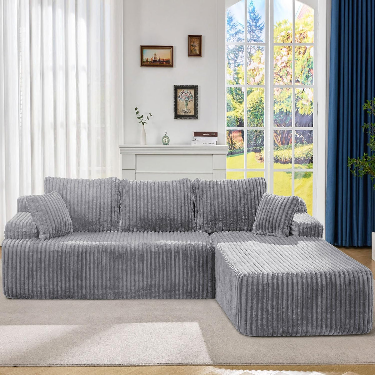 Modular Sectional Sofa Couches L-Shape Couch 3 Seat Modular Sofa Memory Foam Sectional Couches for Living Room, Cloud Couch with Oversized Chaise (Grey Stripe, 96 Left Facing Chaise)