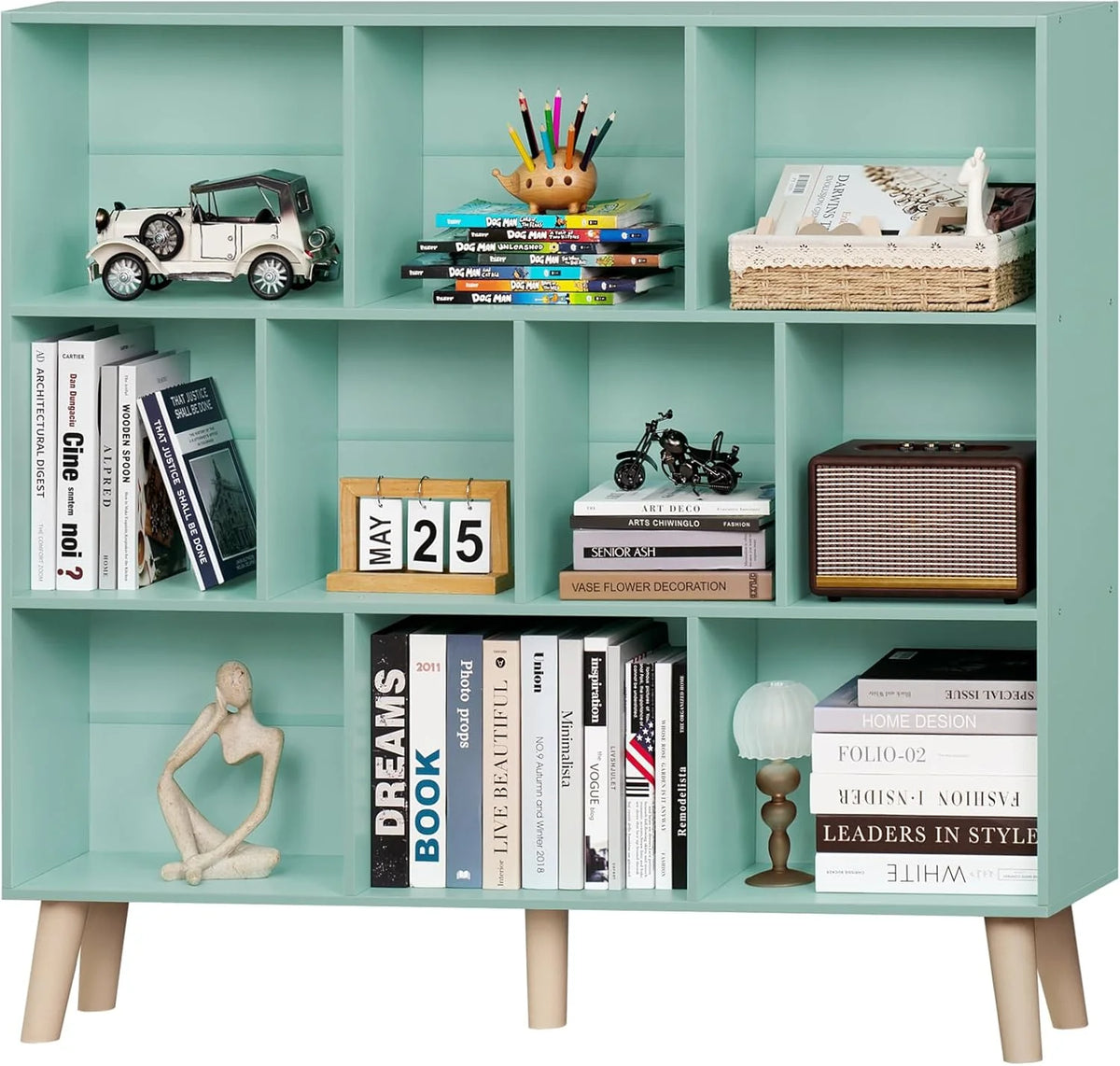 LEYAOYAO Wooden 7 Cube Book Shelf Natural Bookshelf Legs Modern Open Storage Organizer