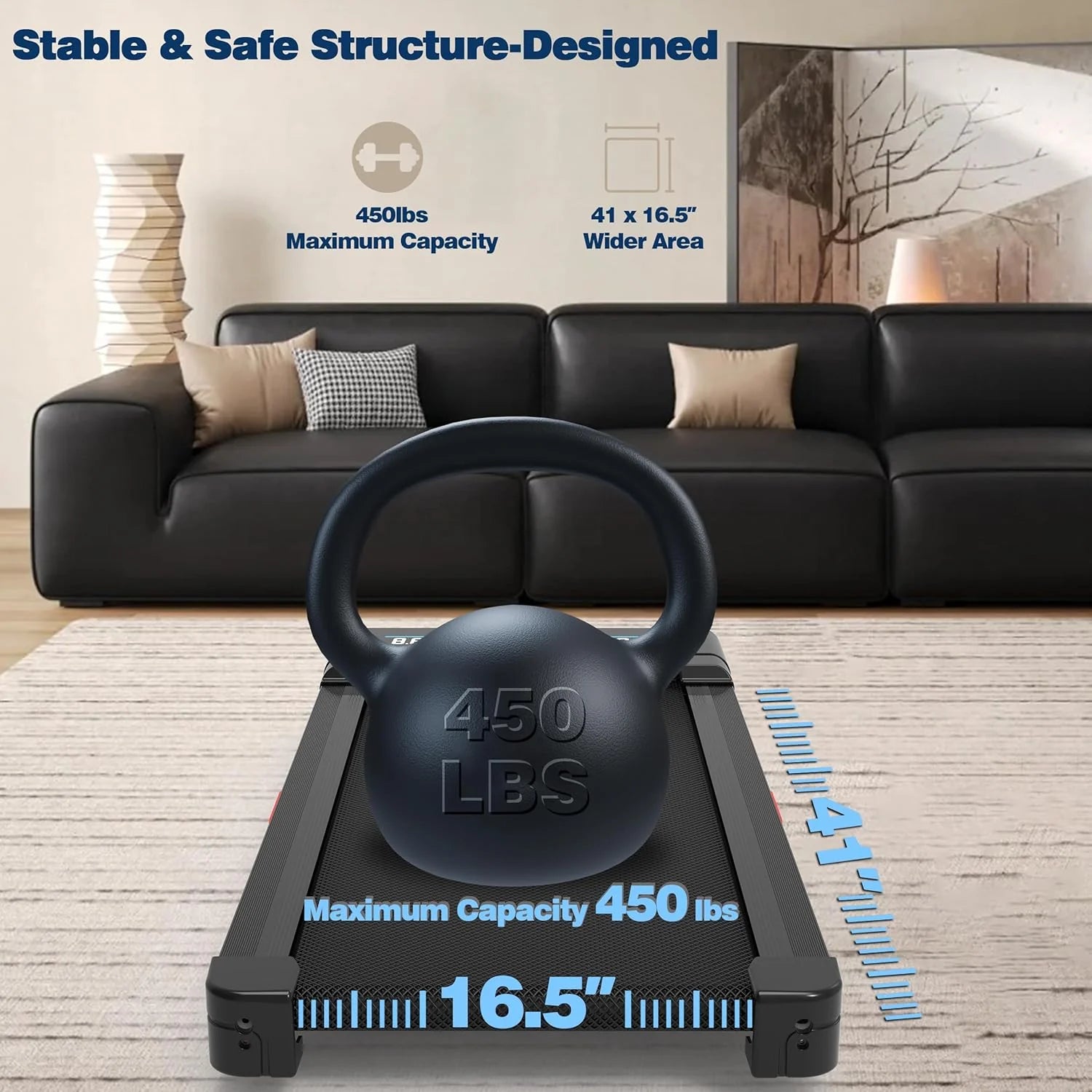 The Walking Pad treadmill features 12% 9-level automatic incline, 450-pound capacity, RGB LED screen, and Bluetooth speakers.