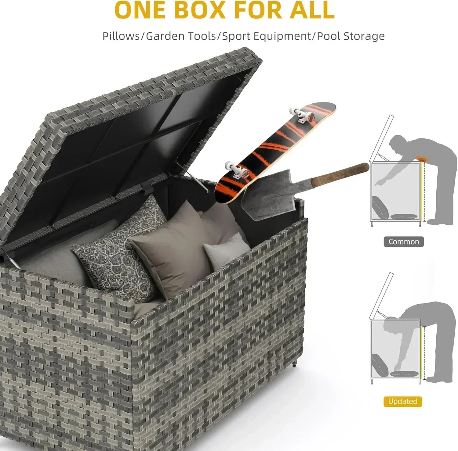 DWVO 70Gal Outdoor Storage Bench with Cushion Composite Wood Backrest Wicker Deck Bench