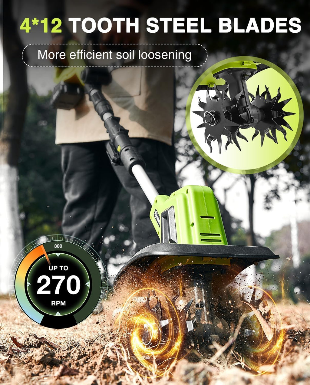 Saker 22V Cordless Electric Garden Tiller Cultivator Lightweight Rototiller for Gardening