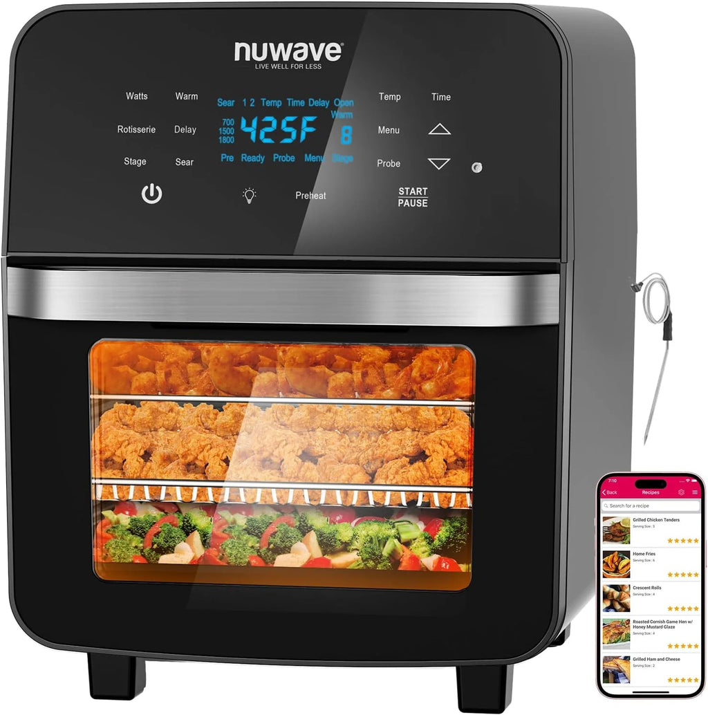 Nuwave Brio 15.5Qt Air Fryer/Oven quickly reheats, bakes, and dehydrates food with a temperature control range of 50��-425��F 1800W.