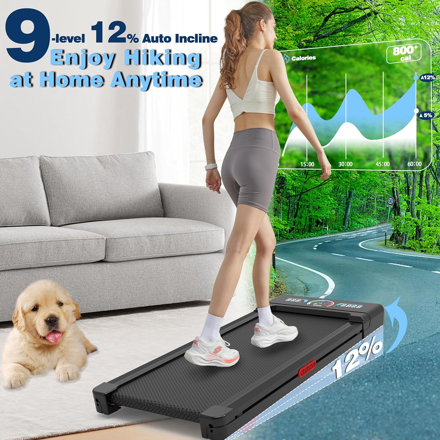 The Walking Pad treadmill features 12% 9-level automatic incline 450-pound capacity LED screen