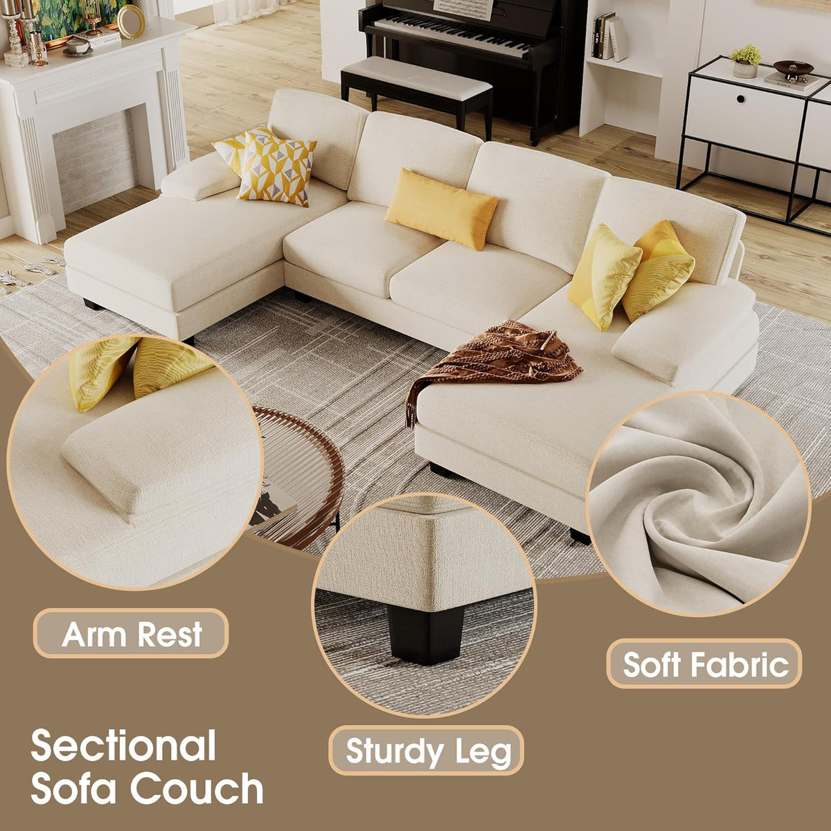 Furmax Sectional Couches for Living Room U-Shaped Sofa Couch Linen Fabric 4 Seat Sofa Set