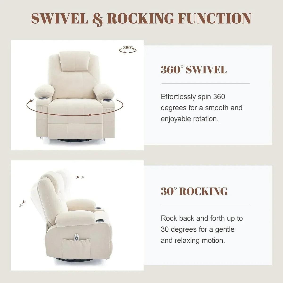 Large Swivel Rocking Recliner with Massage Function 360 Degree Swivel Rocking Single Sofa