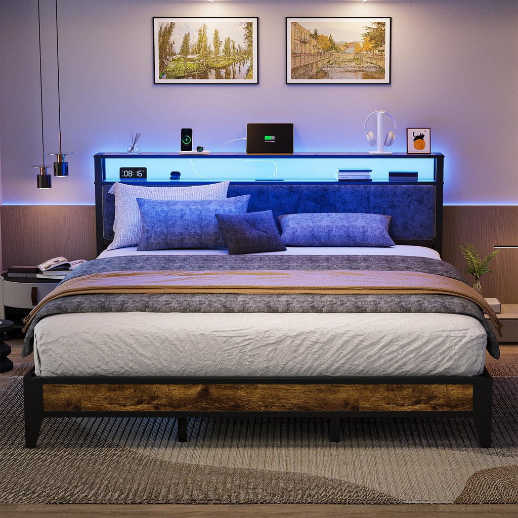 OLEVS Single Bed Frame LED Light Storage Headboard Charging Station Metal Platform Bed
