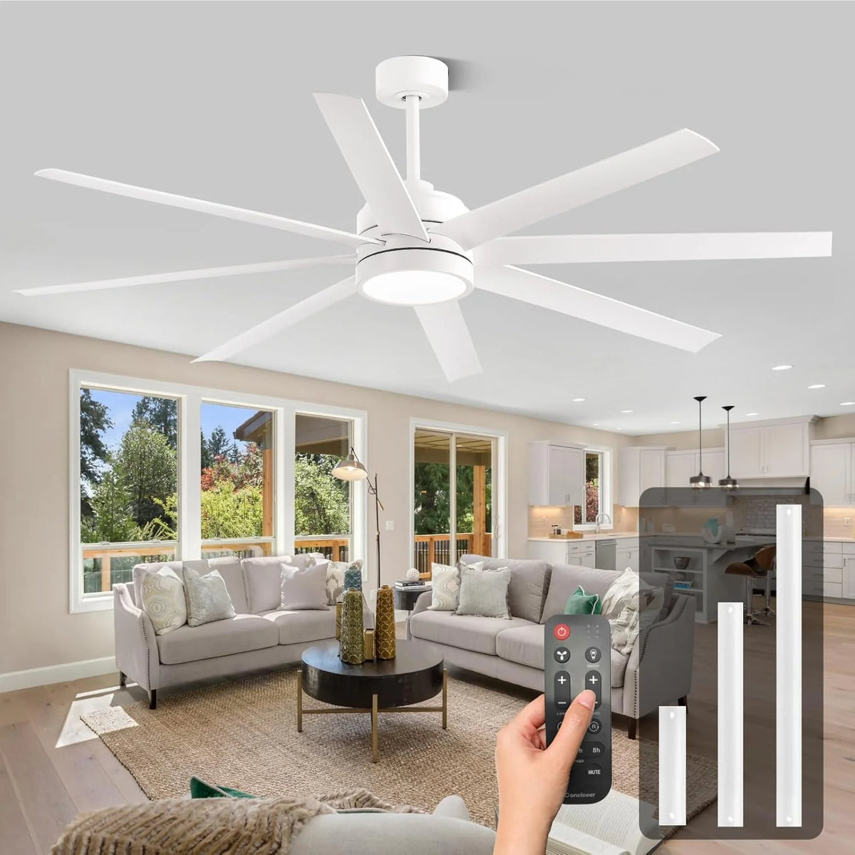 Modern Ceiling Fans with Lights, 72 Inch Ceiling Fan with Light and Remote, Bedroom Living Room Library Cafe Outdoor/Industrial,24W 3CCT Dimmable, 8 Blades 6 Speed Reversible Quiet DC Motor, Black