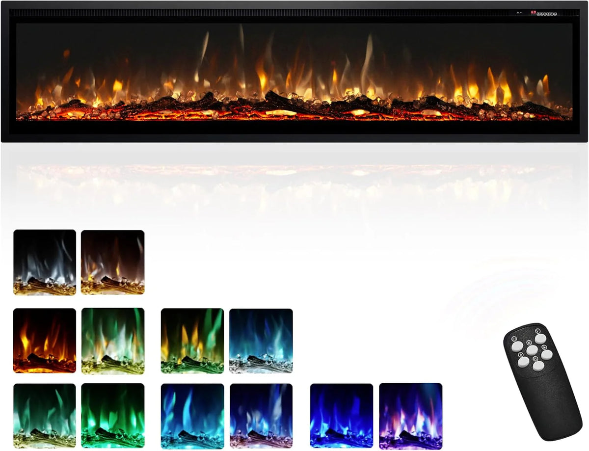EUHOMY 50 Inch Electric Fireplace Wall Recessed and Wall Mounted with Adjustable Flame Color, Fireplace Heater with Remote Control, Linear Fireplace with Timer, Touch Screen, Log & Crystal, 750/1500W