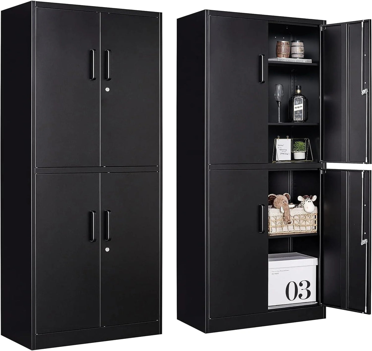 Metal Storage Cabinet with 2 Doors and 6 Shelves, Black Metal Cabinet with Lock, 71 Inch Lockable Garage Storage Cabinet