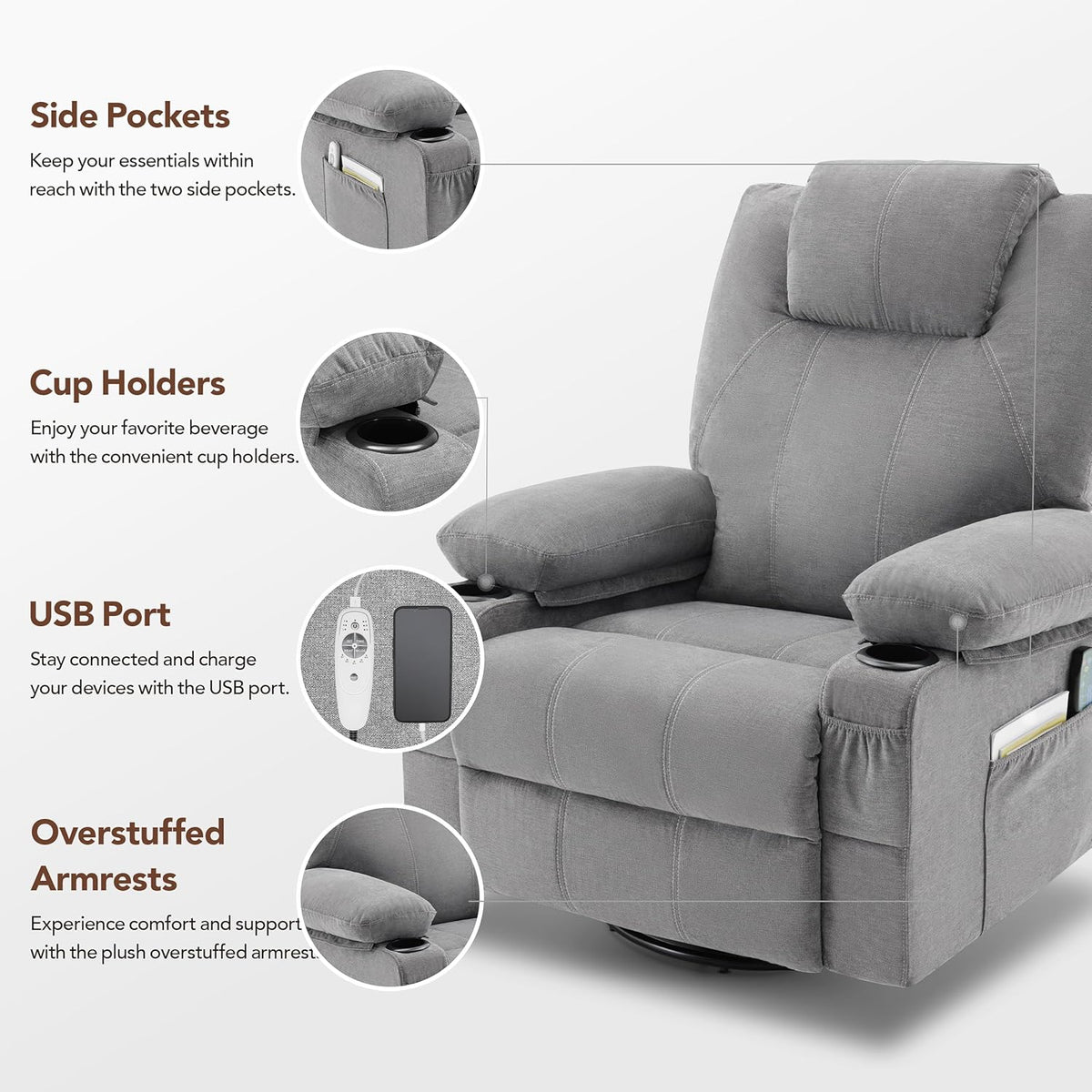 Large Swivel Rocking Recliner with Massage Function 360 Degree Swivel Rocking Single Sofa