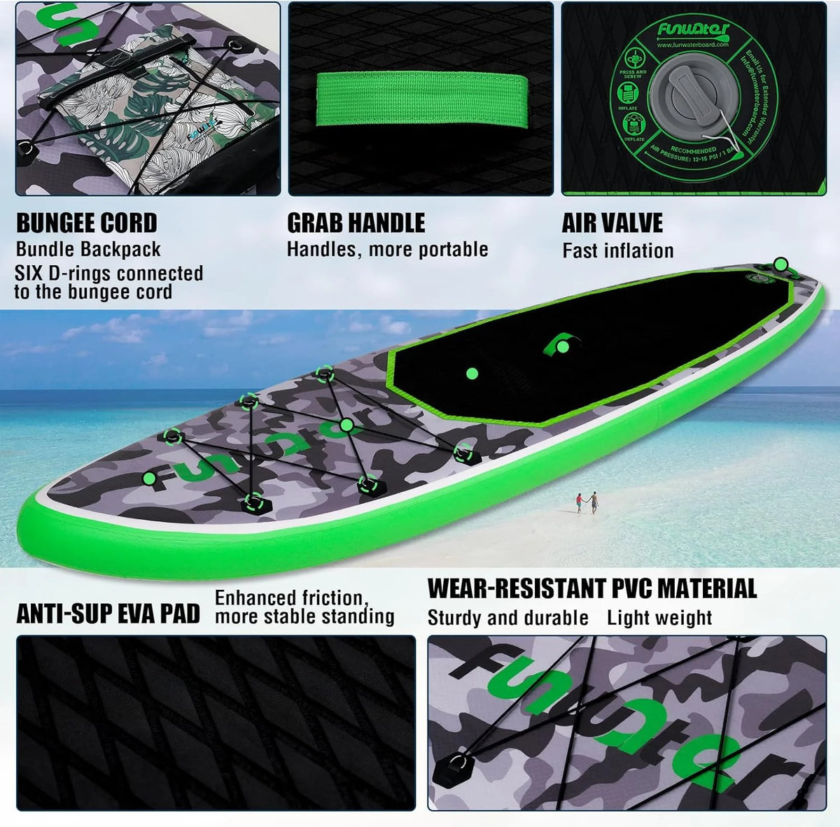 FunWater Inflatable Stand Up Paddle Board with Premium SUP Paddle Accessories, Non-Slip EVA Deck, 11'/10'6' Paddle