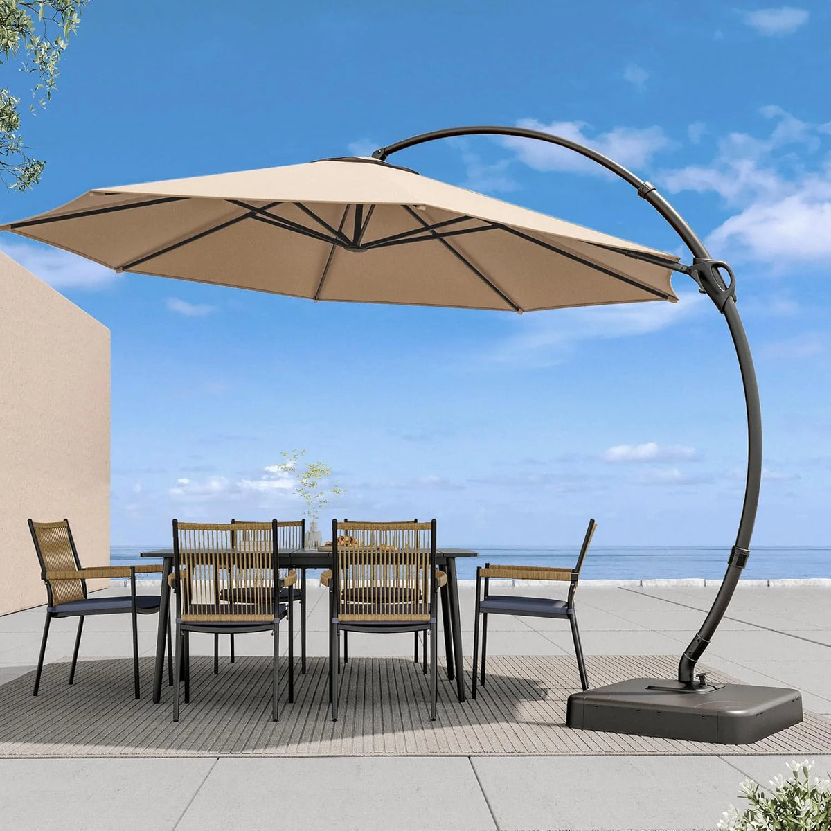 LAUSAINT HOME Outdoor Patio Umbrella with Base included, 11 FT Deluxe Curvy Cantilever Umbrella Heavy Duty Offset Hanging Umbrella with 360° Rotation for Market, Pool, Garden, Backyard, Deck (Beige)